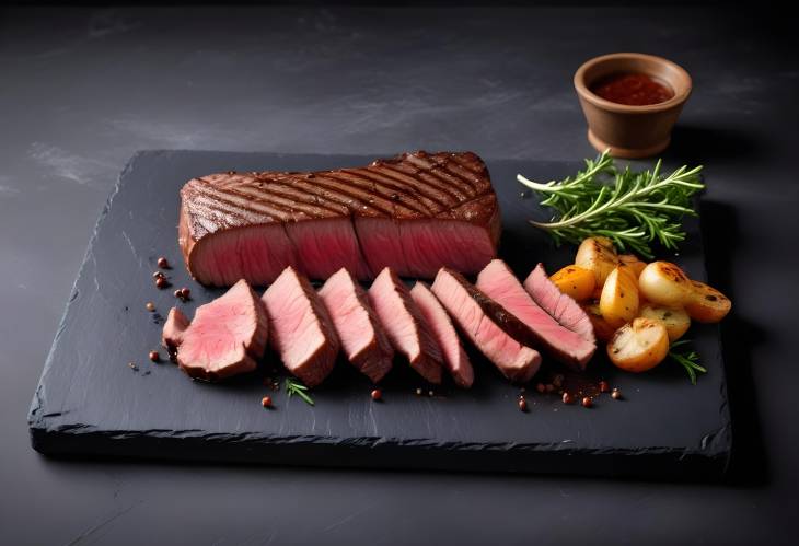 Grilled Medium Rare Striploin Steak Slices on Slate Board with Copy Space