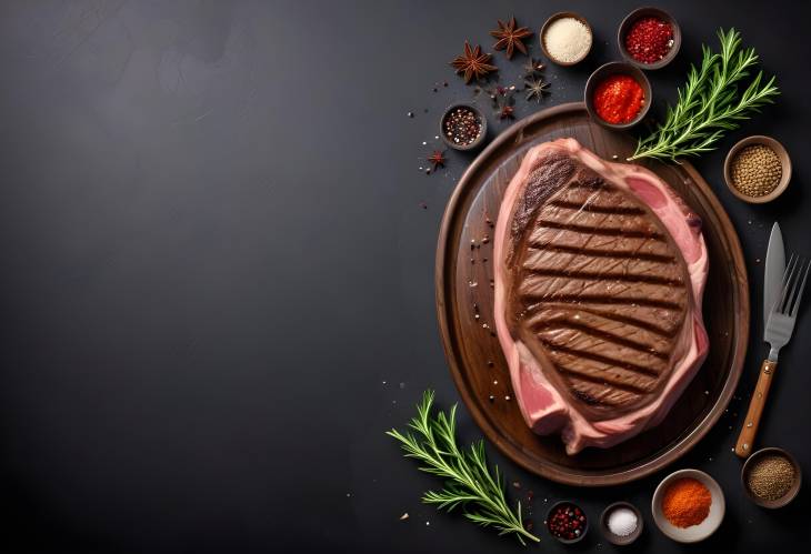 Grilled Ribeye Beef Steak with Herbs on Dark Surface Top View, Ample Copy Space