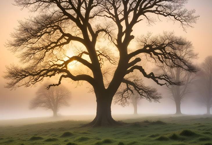 Grohberg Nature Reserve at Dawn Oak Tree and Fog in Faulbach, Bavaria