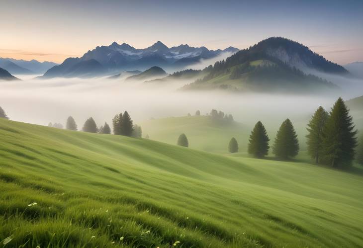 Grubigstein Peak and Lermoos Meadows Foggy Mountain Landscape in Tyrol