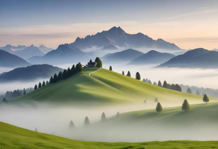 Grubigstein Peak in Lermoos Foggy Mountain Landscape and Lush Green Meadows in Tyrol