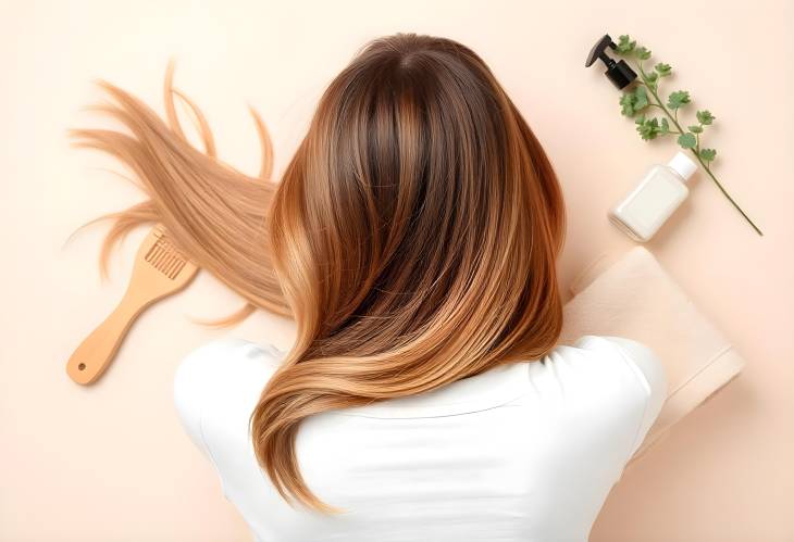 Hair Care Products, Bamboo Comb, and Terry Towel with Light Brown Hair on Neutral Background