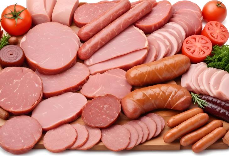 Ham and Sausages A Gourmet Assortment Isolated on White Background