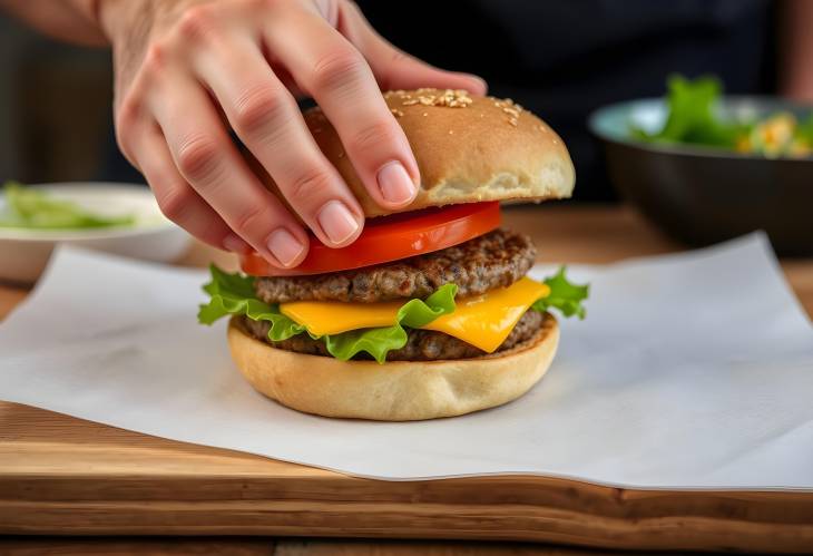 Hand Assembling a Veggie Burger Adding the Bun to Complete the Meal