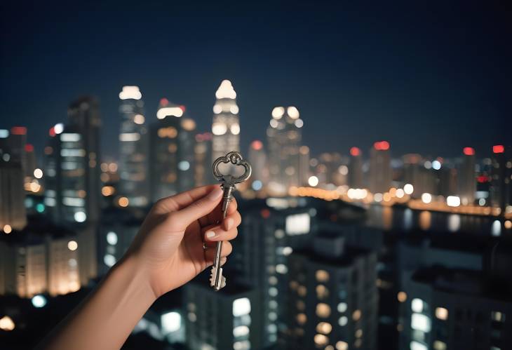 Hand Holding Key to New High Rise Condo Celebrating the Purchase of a Modern Urban Residence