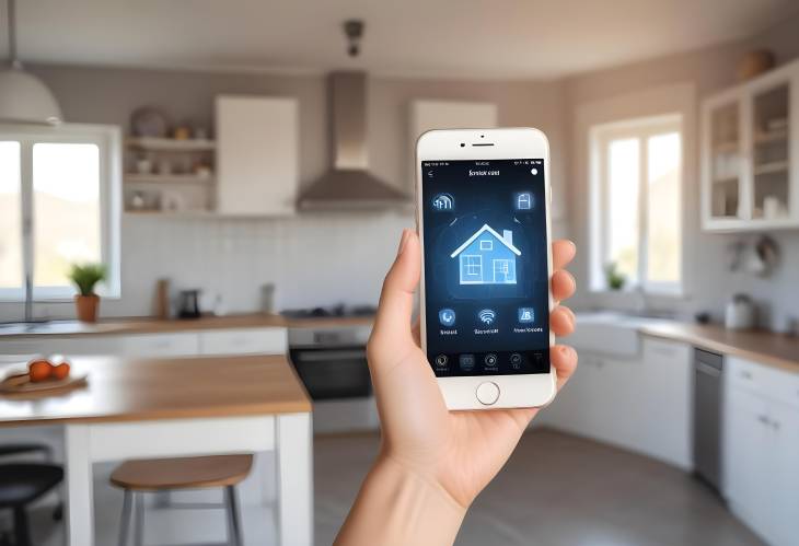 Hand of Woman Holding Smartphone with Smart Home App in Blurry Kitchen. IoT Internet of Things