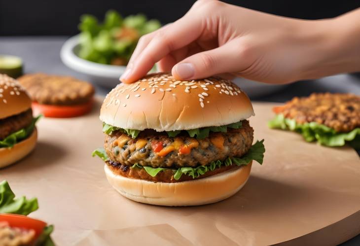 Hand Placing Bun on Veggie Burger Patty Fresh Assembly for a Flavorful Meal