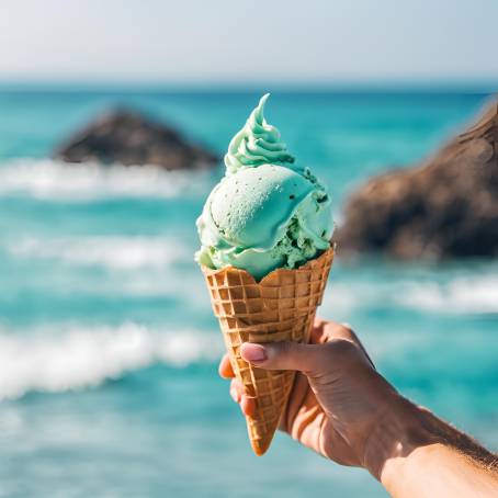 Hand with Ice Cream and Turquoise Sea Background  Perfect Summer Indulgence by the Beach