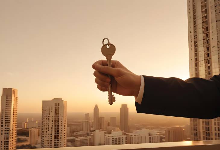 Hand with Key to High Rise Condominium Celebrating the Achievement of Modern Urban Living