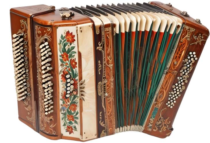 Handmade Russian Accordion Folk Musical Instrument with Painting and Inlay on White Background