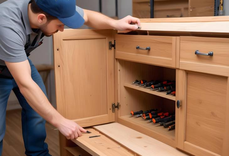 Handyman Assembling Custom Furniture Fixing Fasteners on Wooden Cabinet with Precision Screwdriver