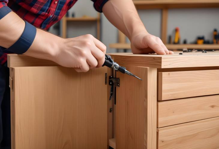 Handyman Assembling Custom Wooden Cabinet Fixing Fasteners with Professional Screwdriver for Expert