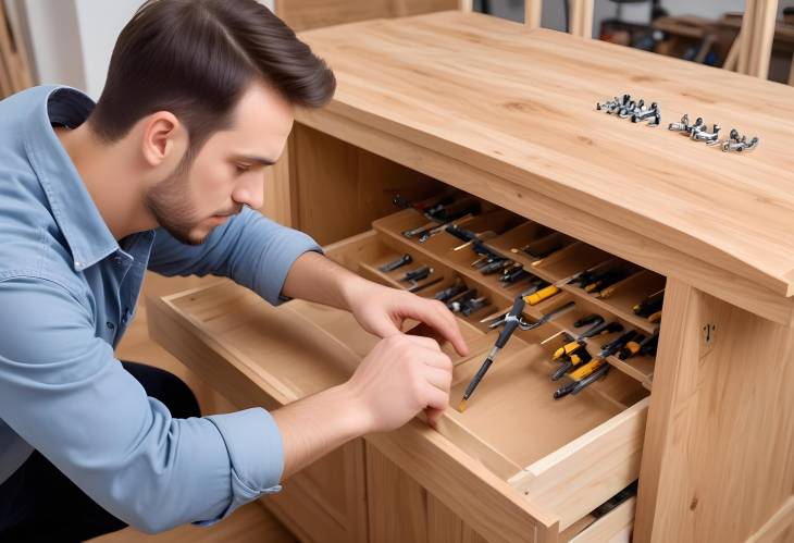 Handyman Fixing Fasteners on Custom Wooden Cabinet with Screwdriver Expert Carpentry and Furniture