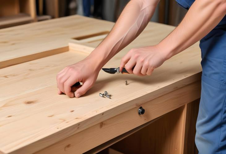 Handyman Fixing Fasteners on Custom Wooden Cabinet with Screwdriver Expert Furniture Assembly