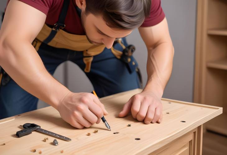 Handyman Performing Custom Furniture Assembly Fixing Fasteners on Wooden Cabinet with Professional