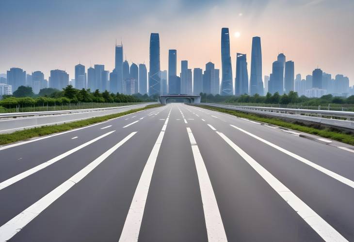 Hangzhou Skyline with Asphalt Pavement  Urban Road Construction and City Design