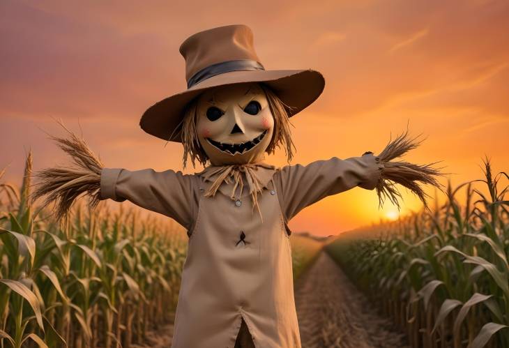 Haunting Scarecrow in Hat on Cornfield with Orange Sunset Perfect Halloween Scene