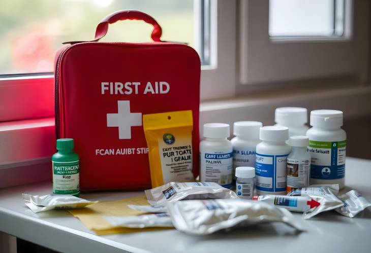 Health Essentials First Aid Kit and Medicines on Table with Window Background for Home Safety