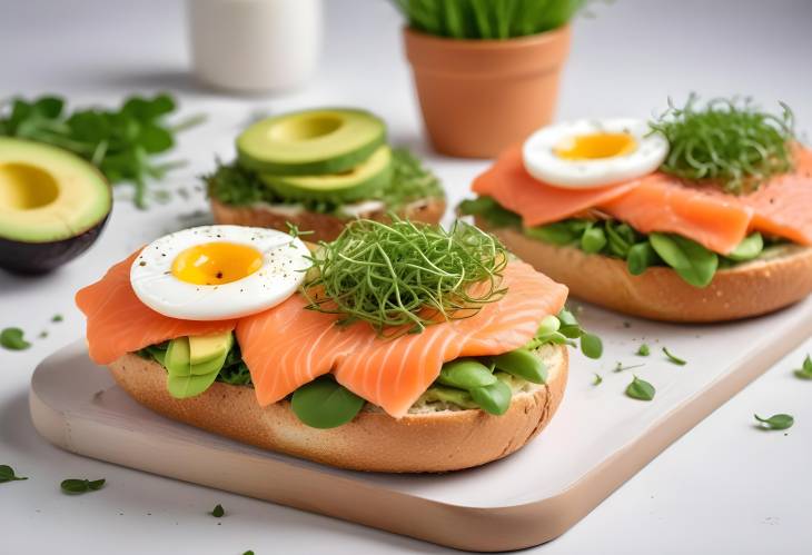 Healthy baked bagel with salmon, avocado, microgreens, and egg, perfect for a nutritious breakfast