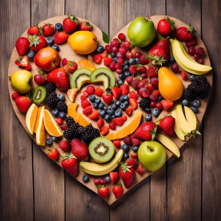 Healthy Diet Heart Made from Fresh Fruits Food Photography on Wooden Table