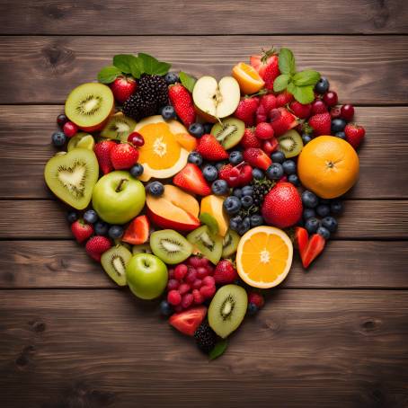 Healthy Eating Concept Heart Shape Created with Various Fruits on Wooden Table