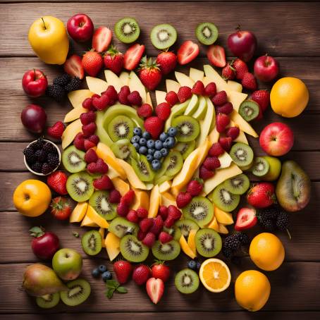 Healthy Eating Food Art Heart Shaped Arrangement of Fruits on Wooden Table