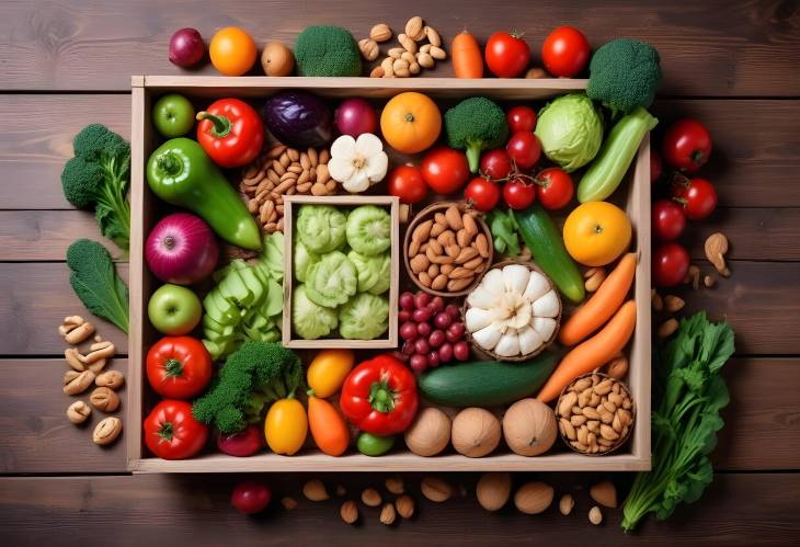 Healthy Eating Fresh Veggies, Nuts, and Fruits on Wooden Background