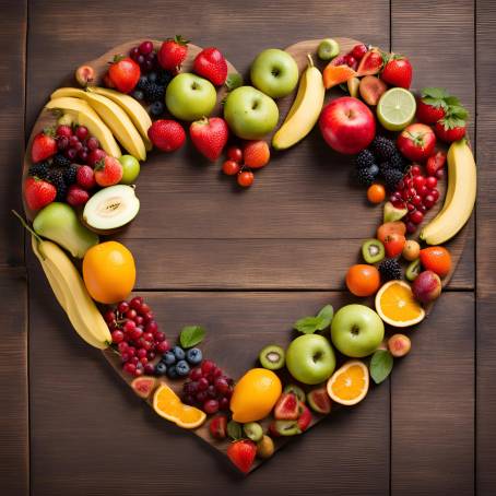 Healthy Eating Heart Shaped Display of Fruits on Wooden Table for Food Photography