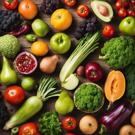 Healthy Eating Studio Photo Fresh Fruits and Vegetables on Wooden Table, Rustic and Natural