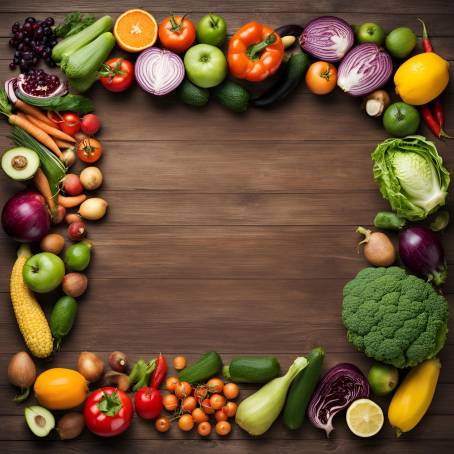 Healthy Food Background Studio Photo of Fruits and Vegetables on Wooden Table, Fresh and Natural