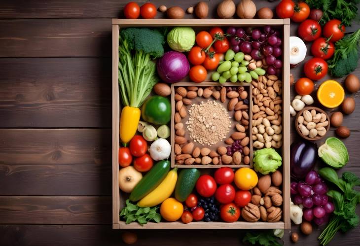 Healthy Food Concept Fresh Vegetables, Nuts, and Fruits in a Wooden Box