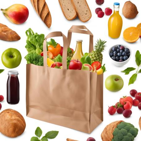 Healthy Foods in Brown Bag Studio Shot of Fruits, Vegetables, Bread, Beverages on White Background