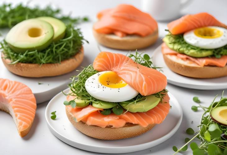 Healthy freshly baked bagel with salmon, avocado, egg, and microgreens, perfect breakfast sandwich