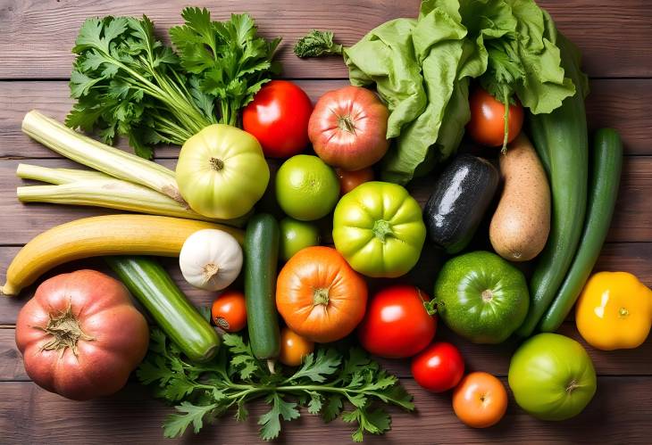 Healthy Green Vegetables and Fruits on Rustic Wooden Background