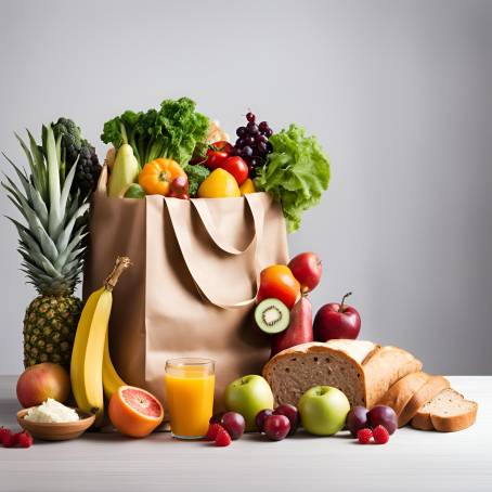 Healthy Grocery Bag Studio Shot Fruits, Vegetables, Bread, and Bottled Beverages