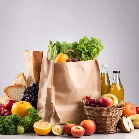 Healthy Grocery Bag with Fruits, Vegetables, Bread, and Beverages Studio Shot on White Background