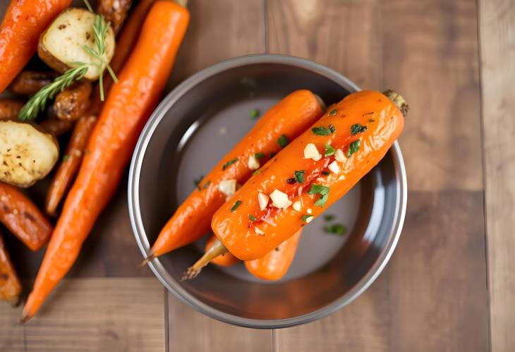 Healthy homemade roasted carrots with garlic and herbs, top view, perfect comfort food on wooden ta