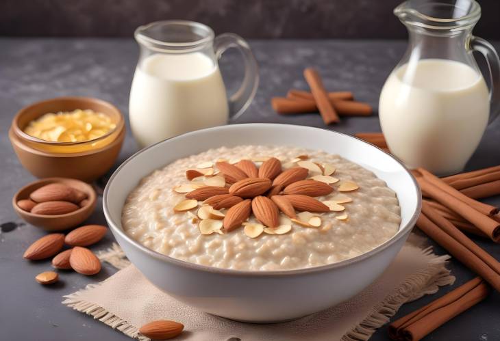 Healthy Oatmeal Porridge with Almonds, Cinnamon, Honey, and Milk  A Nutritious Start to the Day