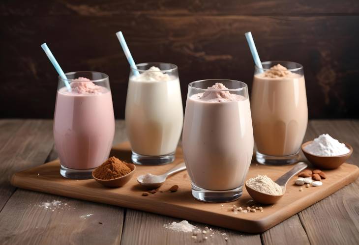 Healthy Protein Shakes in Glasses with Powder on Wooden Table  Closeup of Tasty Drink