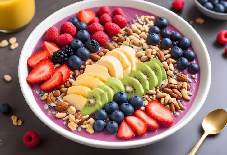 Healthy Smoothie Bowl with Fresh Berries, Nuts, and Honey