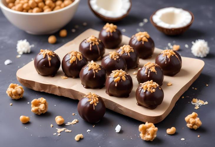 Healthy Vegan Energy Balls Chickpea and Peanut Butter Candies in Chocolate Glaze with Coconut Chips