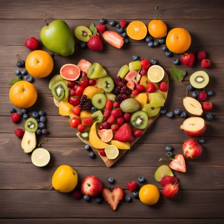 Heart Made of Fresh Fruits Food Photography of Healthy Eating Concept on Wooden Table