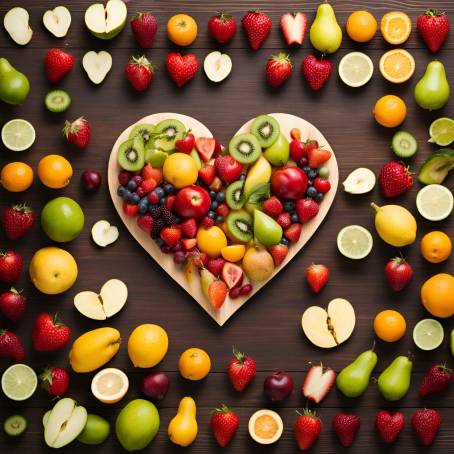 Heart Shape Created with Fresh Fruits Healthy Eating Concept Food Photography on Wooden Table