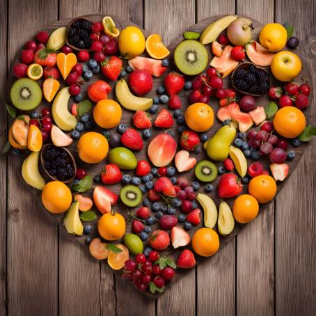 Heart Shape Made from Various Fruits Healthy Eating Concept Photo on Wooden Table