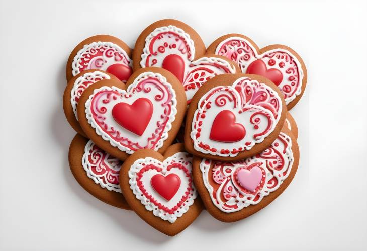 Heart Shaped Gingerbread Cookies for Valentines Day, Isolated on White Background, Perfect for Swee