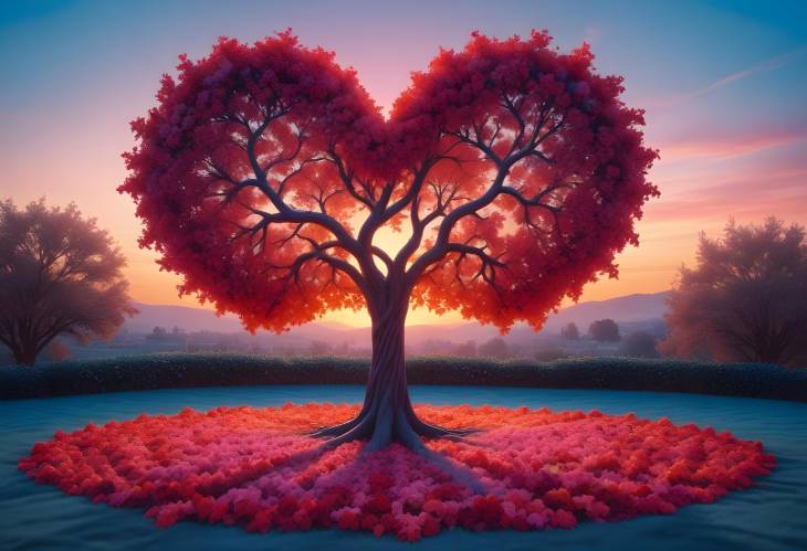 Heart Shaped Tree at Sunset with Flowers  Valentines Day Card Design