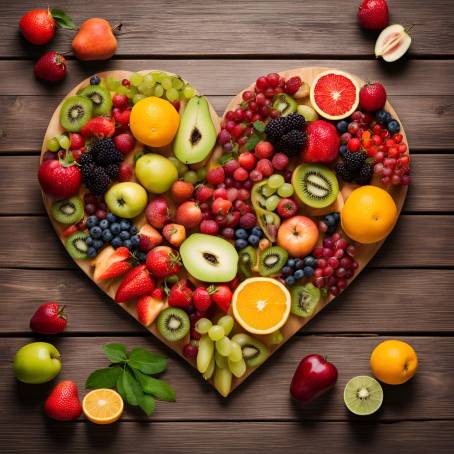 Heart Symbol Made of Fruits Healthy Eating Concept Food Photography on Wooden Table