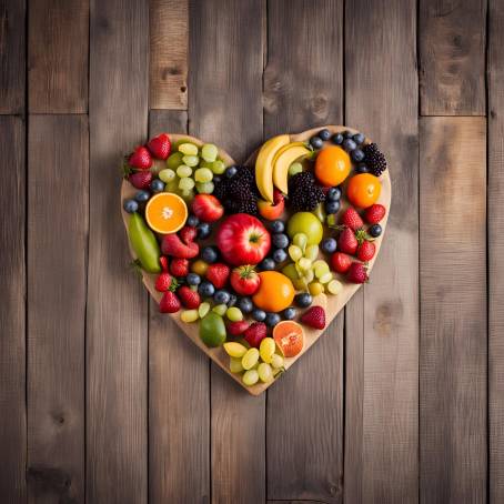 Heart Symbol of Fresh Fruits Healthy Eating Concept with Vibrant Fruit Display on Wooden Table