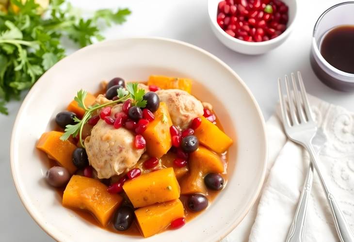 Hearty Chicken and Pumpkin Tagine with Olives and Pomegranate Perfect for Autumn