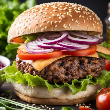 Hearty Homemade Hamburger Close Up with Fresh Vegetables